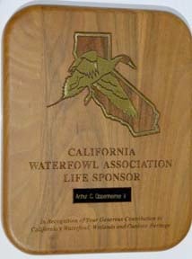 Item #01-1014 California Waterfowl Association Life sponsor plaque. California Waterfowl Association