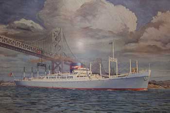 Item #02-0370 American President Lines. Round the World. S.S. President Garfield. San Francisco-Oakland Bay Bridge. Allan G. Sawyer.