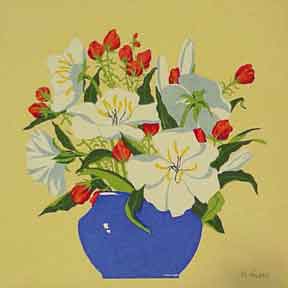 Item #02-0630 Floral Still Life in White and Red. M. Valerie.