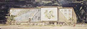 Item #03-0074 Design for a Monumental Building with Abstract Mural. Millard Sheets.