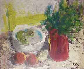 R.D.N. - Still Life with Apples, Oranges and Pot of Plants