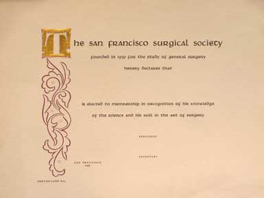 Item #04-1710 Blank Membership Certificate. Grabhorn Press, San Francisco Surgical Society.