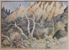 Item #05-2280 Western landscape with cacti, bare tree and mountains. John Lavalle