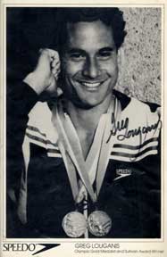 Item #05-2339 Autographed black and white publicity photograph of Olympic Gold Medalist and Sullivan Award Winner Greg Louganis. Greg Louganis.