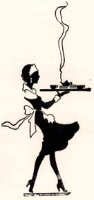Item #07-0232 Waitress holding tray of food with steaming kettle. Letterpress Metal Cut Artist