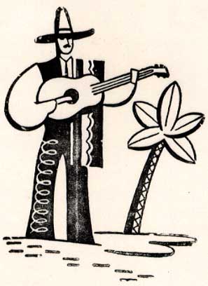 Item #07-0233 Mexican guitar player wearing a 10-gallon hat and serape next to a cactus plant....