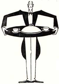Item #07-0239 Waiter holding tray of food. Letterpress Metal Cut Artist.