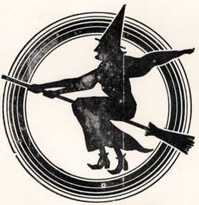 Item #07-0243 Witch riding a broom. Letterpress Metal Cut Artist