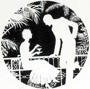 Item #07-0253 Silhouette of a 1930s couple in a romantic pose on a veranda with a drink....