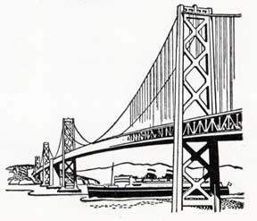 Item #07-0254 San Francisco-Oakland Bay Bridge with passing ship. Letterpress Metal Cut Artist