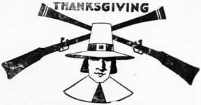 Item #07-0260 Thanksgiving. [Pilgrim with rifles]. Letterpress Metal Cut Artist