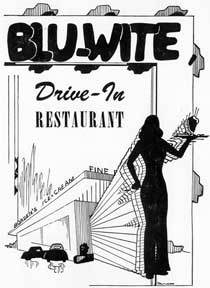 Item #07-0266 Blu-Wite Drive-In Restaurant. Borden's Ice Cream. [Streamline moderne architecture with waitress in one piece outfit]. Letterpress Metal Cut Artist.