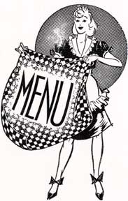 Letterpress Metal Cut Artist - Menu. [Waitress Holding a Menu Tablecloth]