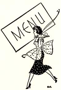 Item #07-0328 Menu. [Young waitress carrying tray of food.]. Letterpress Metal Cut Artist