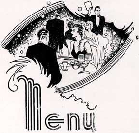 Item #07-0354 Menu. [Restaurant scene with diners and bubbles.]. Letterpress Metal Cut Artist