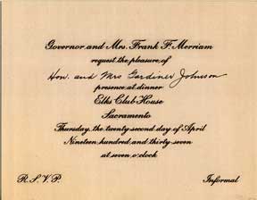 Item #07-0446 Invitation to gubernatorial dinner at the Elks Club House, Sacramento, California,...