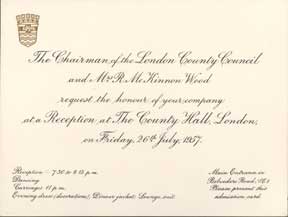 Item #07-0485 Invitation to reception at County Hall, London, July 26, 1957. R. McKinnon Wood, Mrs
