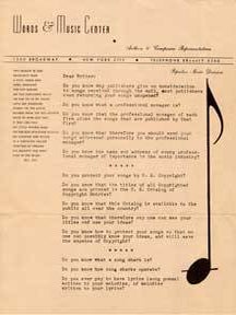 Item #07-0528 TL to songwriters soliciting their business. Words, Music Center. Popular Music...