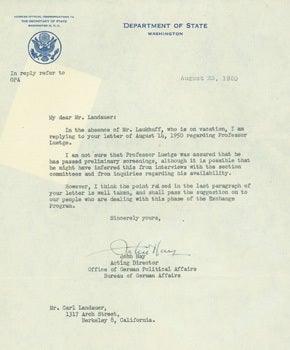 Item #07-1310 TLS from John Hay to C. Landauer re: U. S. State Dept. Bureau of German Affairs....