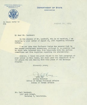 Item #07-1310 TLS from John Hay to C. Landauer re: U. S. State Dept. Bureau of German Affairs. John Hay.