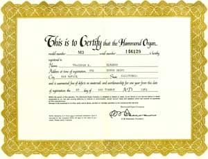 Item #08-0939 Hammond Organ Warranty and Ownership Registration. Hammond Organ Company