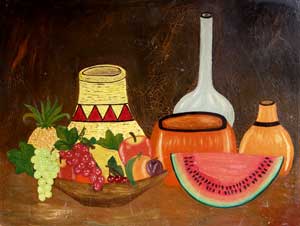 Item #08-1178 Still Life with Grapes, Indian Pottery and Watermelon. American Primitive