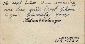 Item #10-0855 Calling card of Helmut Erlanger, on which is an AL to Professor Carl Landauer; he had wished to speak to Landauer about national European labor legislature. Helmut Erlanger.