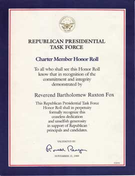 Republican Presidential Task Force (Washington, D.C.) - Republican Presidential Task Force Charter Member Honor Role, Awarded to One Rev. Bartholomew Ruxton Fox, November 15, 1989