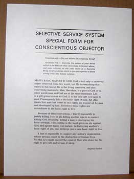 Item #11-0522 Selective Service System Special Form for Conscientious Objector. Stephen Gordon
