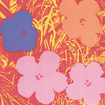 Item #11-1063 Flowers 1970 in Crimson, Buttercup Yellow, Salmon, Rose Pink and Wisteria Blue. Andy Warhol, After.