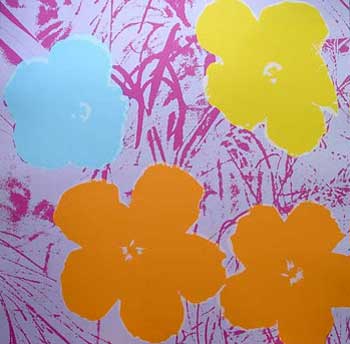 Item #11-1064 Flowers 1970 in Lilac, Purple, Orange, Buttercup Yellow and Sky Blue. Andy Warhol, After.