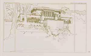 Item #12-0486 Perspective view of Thomas P. Hardy house, Racine, Wisconsin, 1905. Pl. XV. Frank Lloyd Wright.