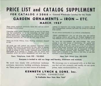 Item #12-0627 Price List and Catalog Supplement for Catalog #2066: Garden Ornaments, Iron, Etc. March 1967. Kenneth Lynch, Sons, Conn Wilton.