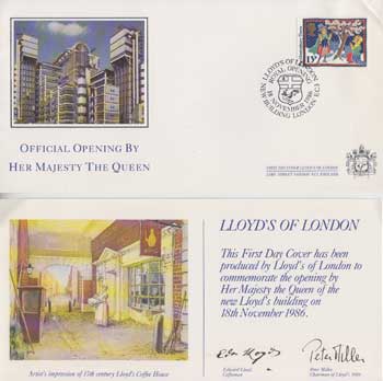 Item #12-1278 Lloyd's of London First Day Cover to Commemorate the Opening of the New Lloyd's Building on 18th November 1986. Lloyd's of London.