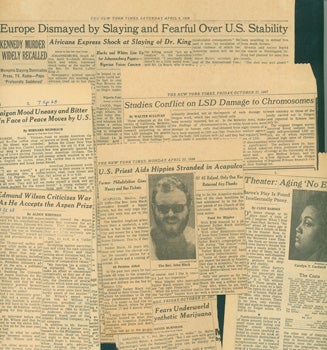 Item #15-10247 American Newpaper Clippings from 1967-1968 focused on the Counter-Culture, Drugs, Literature, Vietnam War, and the Civil Rights Movement. New York Times, Buffalo Evening News, Columbia Daily Spectator.