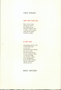 Item #15-10611 Two Poems. They Who Waste Me & In The Yard. Bert Meyers, Noel Young, Alan Brilliant, print, des.