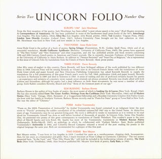 Item #15-10613 Prospectus for Unicorn Folio Series Two, Number One. Unicorn Press, Noel Young