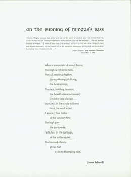 Item #15-10632 A James Schevill Folder. "On The Burning Of Mingus's Bass" and "Green Frog At Roadstead, Wisconsin." James Schevill, Unicorn Press, Alan Brilliant, Noel Young, typography, print.