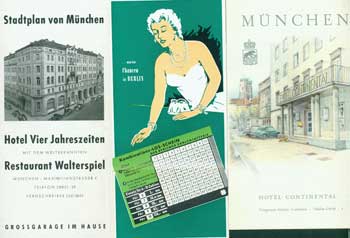 Item #15-11185 German Travel Brochures (3) from the 1950 - 60s: Stadtplan von Munchen, Hotel Jahreszeiten; Hotel Continental (Munchen); Man Hat Chancen in Berlin. Hotel Jahreszeiten, Hotel Continental, Berliner Zahlenlotterie, Munchen.