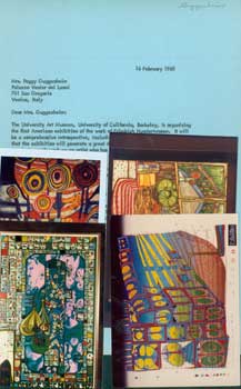 Item #15-11261 Dossier On First US Hundertwasser Exhibitions. Friedensreich Regentag Dunkelbunt Hundertwasser, Peter Selz, Blair Paltridge, Peggy Guggenheim, cur., phot.