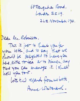 Item #15-11331 ALS Anne Whitmarsh to Geoffrey Robinson, November 24, 1961. Anne Whitmarsh