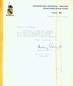 Item #15-11338 TLS Anthony Quayle to Geoffrey Robinson, November 25, 1954. Anthony Quayle,...