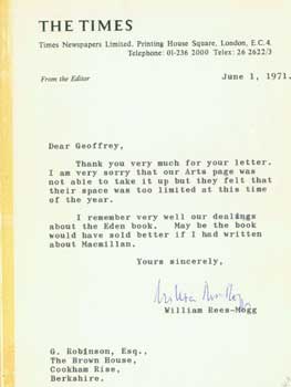William Rees-Mogg - Tls Letter William Rees-Mogg to Geoffrey Robinson, Dated June 1, 1971