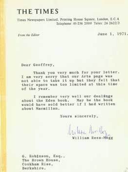 Item #15-11349 TLS Letter William Rees-Mogg to Geoffrey Robinson, dated June 1, 1971. William...