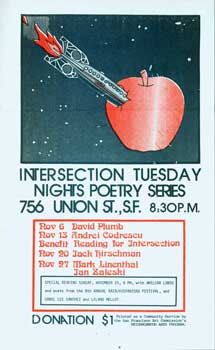 Item #15-1513 Intersection Tuesday Nights Poetry Series flyer, featuring poets David Plumb, Andrei Codrescu, Jack Hirschman, Mark Linenthal and Jan Zaleski. Intersection, Calif San Francisco.