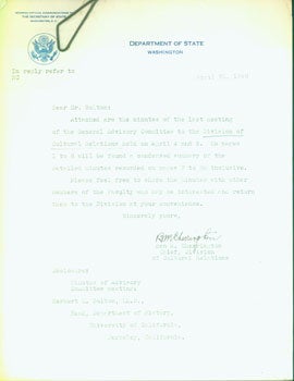 Item #15-4240 Signed, Typed, & Dated Correspondence from Ben M. Cherrington, Department Of State, Washington, D. C., dated April 23, 1940, to Herbert E. Bolton, Head of the Department of History at UC Berkeley. Ben M. Cherrington, D. C., Washington, Department Of State.