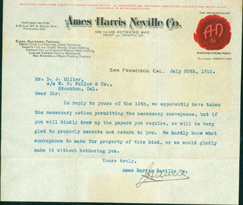 Item #15-4290 Letter, Typed & Signed, to Mr. D. J. Miller of Stockton, CA, Dated July 20th, 1912. Ames Harris Neville Co.