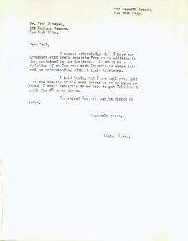 Cowan, Lester - Copy of Typed Letter from Cowan to Mr. Paul Steger, Agent. Undated, Ca. 1942. Draft Copy, Unsigned, Undated. Re: Irwin Shaw Screenplay, Commandos Strike at Dawn.