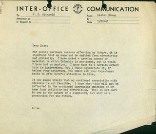 Item #15-4651 Copy of typed memo ("Inter-Office Communication") from Cowan to N. B. Spingold,...