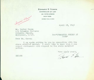 Item #15-4652 TLS from Cohen to Lester Cowan, 4/28/1943, RE: Irwin Shaw screenplay, Commandos...